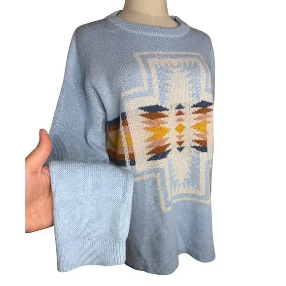 Pendleton Woolen Mills Light Blue Aztec Sweater Top Pullover Cotton Size Medium - Picture 3 of 11